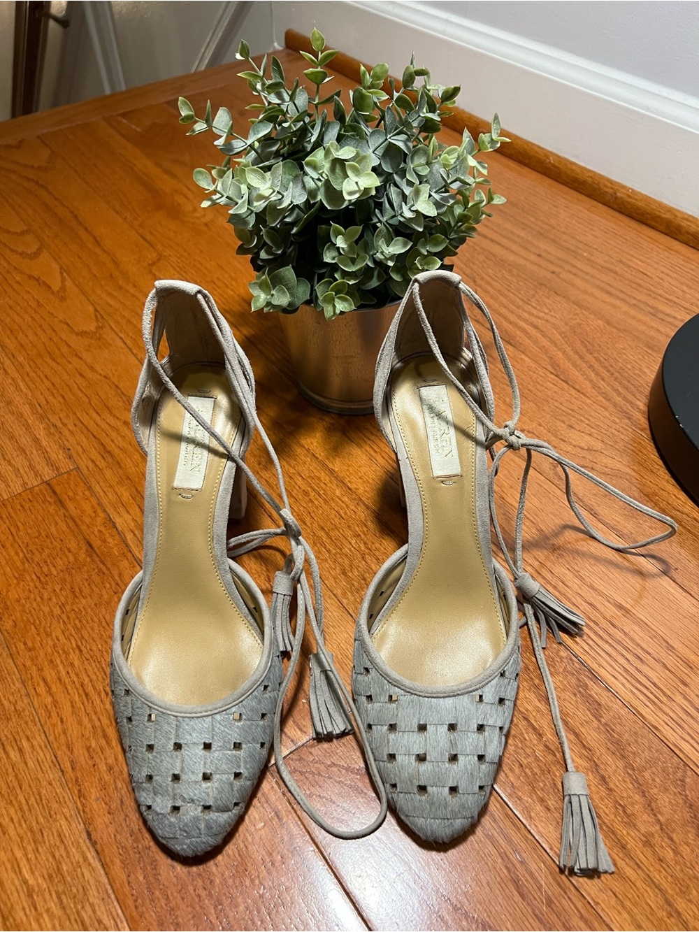 Lauren Ralph Lauren Light Gray Woven Lace-Up Pointed Heels